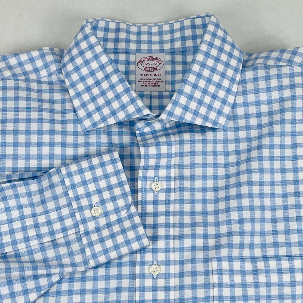 Brooks Brothers Dress Shirt Mens 16.5-32 Blue Check Long Sleeve Non-Iron Button